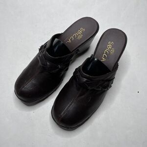 Sbicca Clogs Leather Slip On Platform Retro Size 9 BROWN